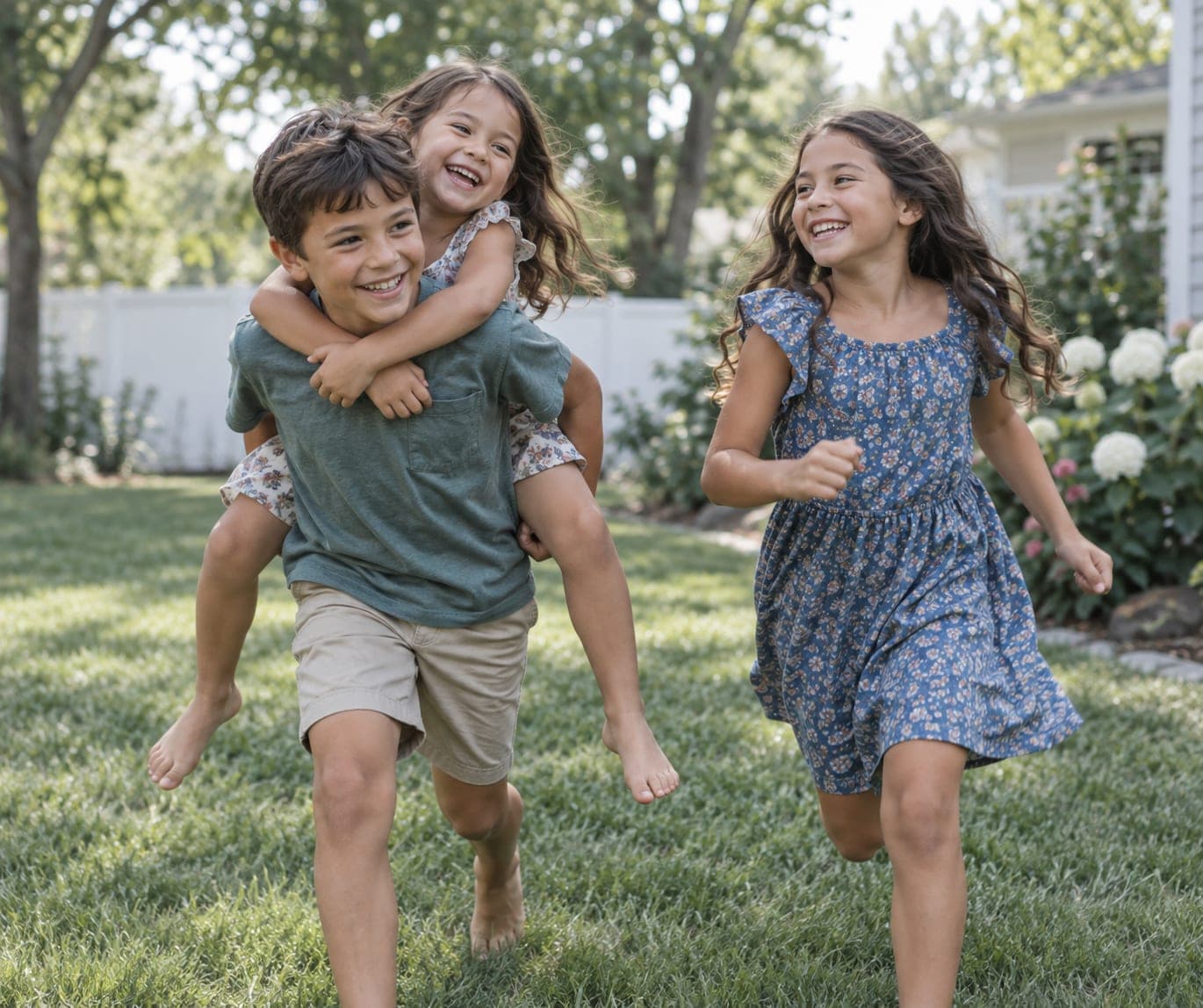 Three young cousins laughing as they run across a backyard lawn, one carrying another on his back.